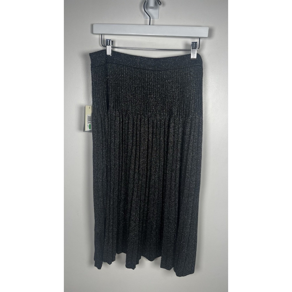 Eliza J Size Large Black Metallic Pleated Knit Elastic Waist MIDI Skirt‎ NEW - Picture 3 of 7